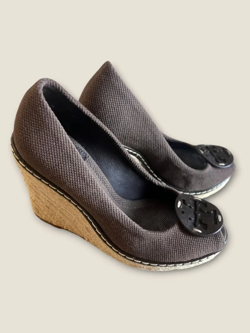 Tory Burch Canvas Peep-Toe Espadrille Wedge Pumps Brown